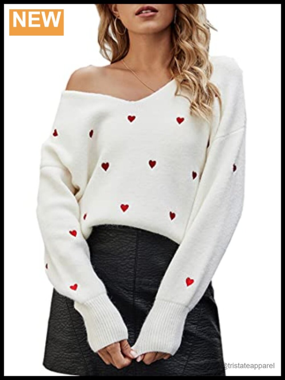 V Neck Heart Embroidery Knit Loose Casual Long Sleeve Ribbed Pullover Sweater